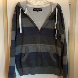 Mens Hooded Sweatshirt Size L, blue Black and Grey Stripes, Sunday work Clothes